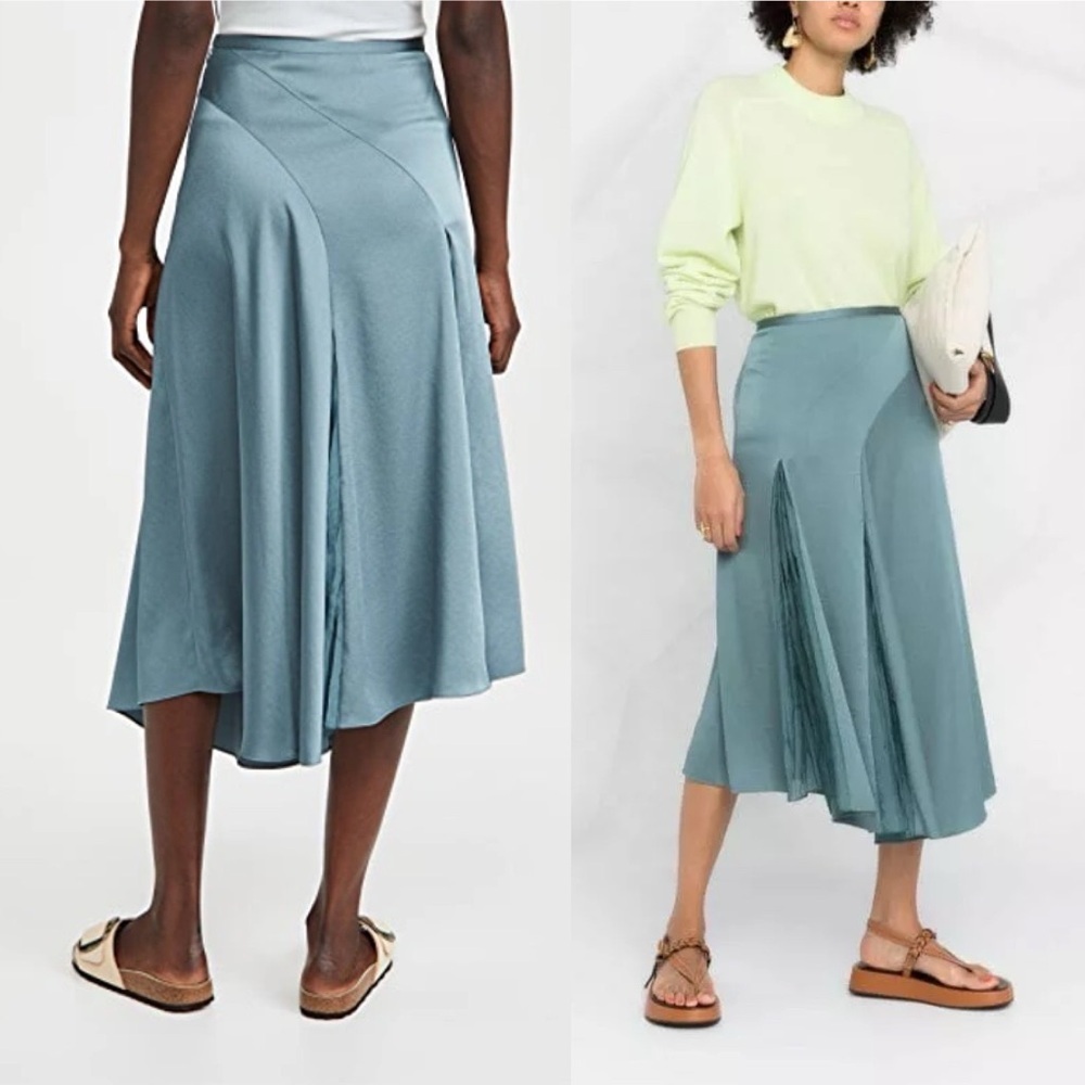 Vince Satin Midi Skirt 4 Pleated Mixed Media Asymmetrical - Picture 3 of 16